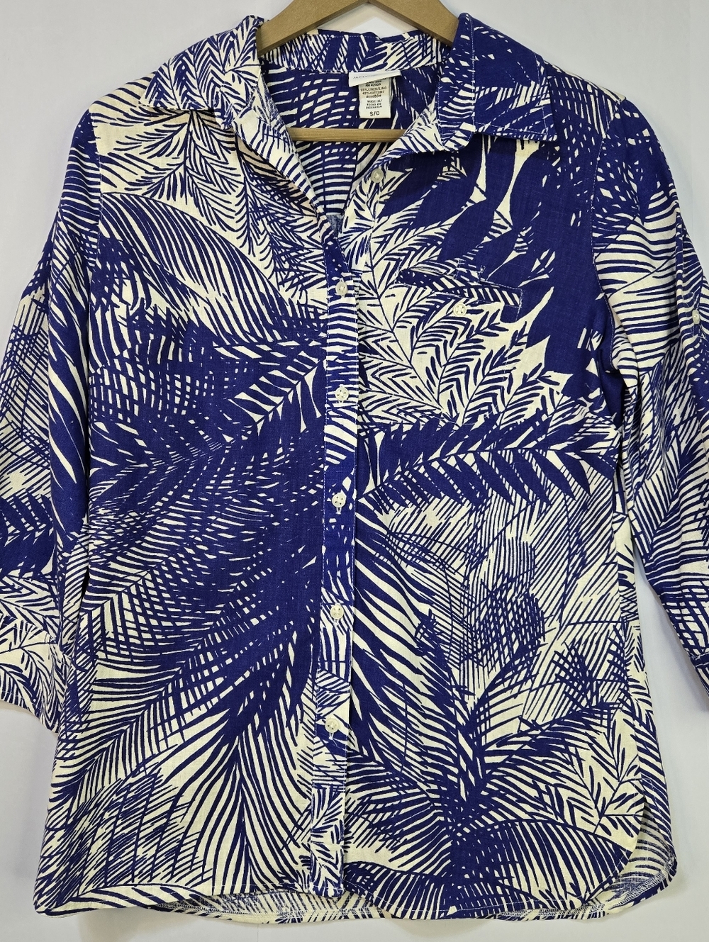 JACLYN SMITH Size S Tropical Palm Print Button-Up 3/4 Sleeve Shirt, 55% Linen